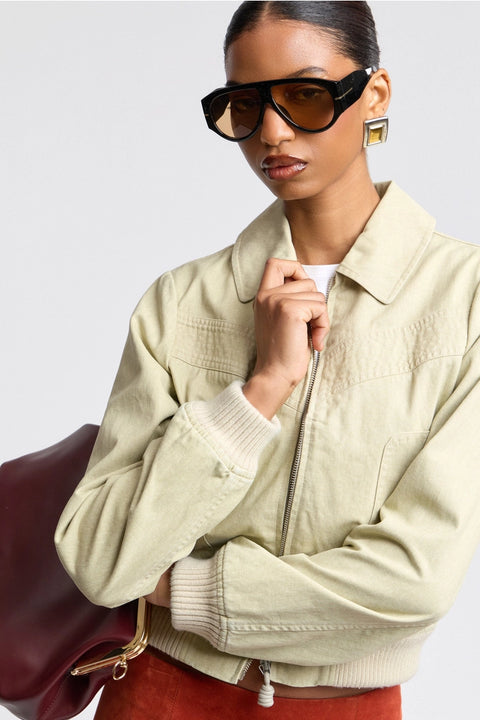 Washed Cotton Zip Front Bomber Jacket