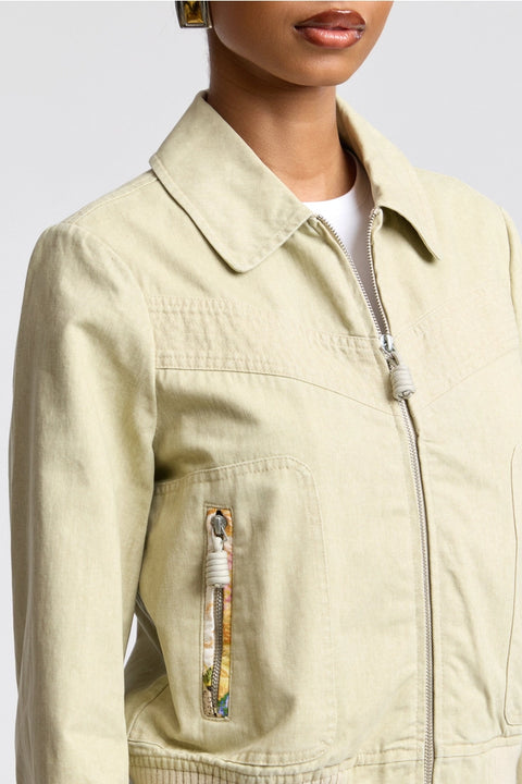 Washed Cotton Zip Front Bomber Jacket