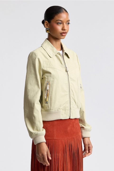 Washed Cotton Zip Front Bomber Jacket