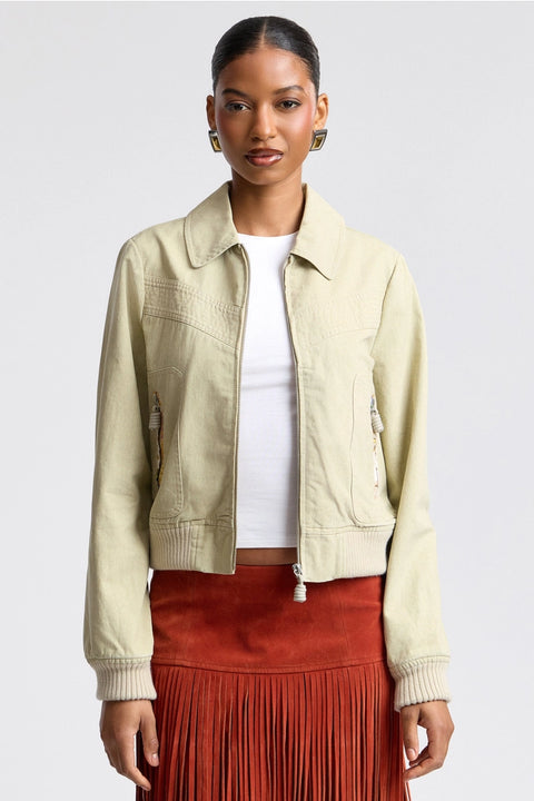 Washed Cotton Zip Front Bomber Jacket