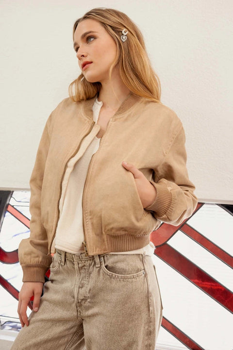 Washed Demin Zip Up Bomber Jacket CAMEL-Bomber Jacket-Blu Pepper-S-Urbanheer