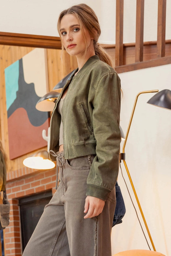 Washed Demin Zip Up Bomber Jacket OLIVE-Bomber Jacket-Blu Pepper-S-Urbanheer