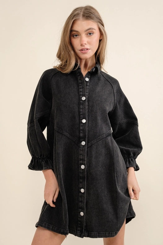 Washed Denim Puff 3/4 Slv Snap Up Shirt Dress Black-Dress-Blue B-S-Urbanheer