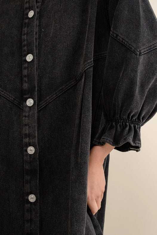 Washed Denim Puff 3/4 Slv Snap Up Shirt Dress Black-Dress-Blue B-S-Urbanheer