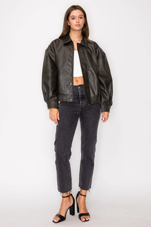 Washed Effect Faux Leather Oversized Bomber Jacket Black-Jacket-Edit by Nine-S-Blk-Urbanheer