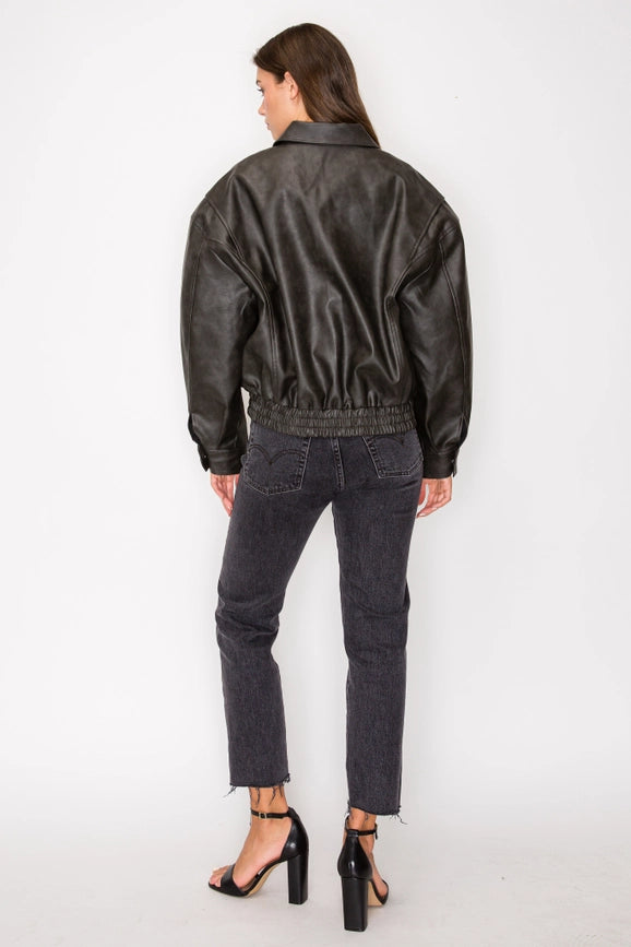 Washed Effect Faux Leather Oversized Bomber Jacket Black-Jacket-Edit by Nine-S-Blk-Urbanheer
