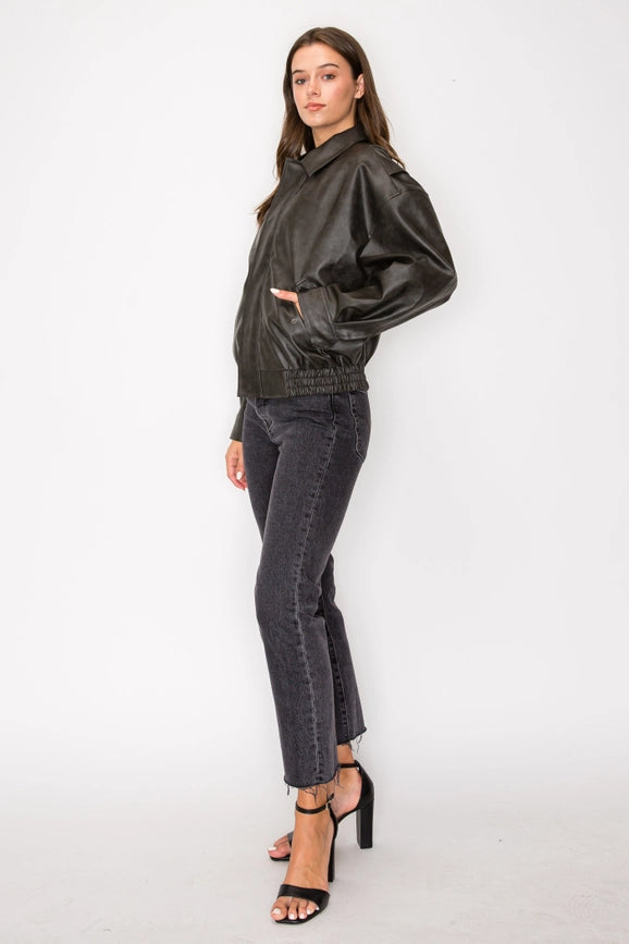 Washed Effect Faux Leather Oversized Bomber Jacket Black-Jacket-Edit by Nine-S-Blk-Urbanheer