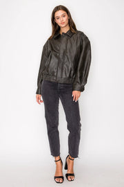 Washed Effect Faux Leather Oversized Bomber Jacket Black-Jacket-Edit by Nine-S-Blk-Urbanheer