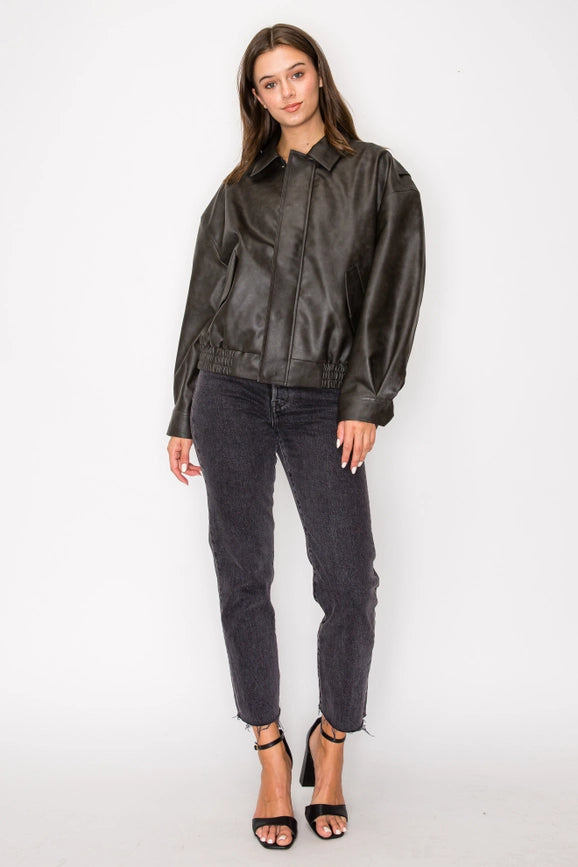 Washed Effect Faux Leather Oversized Bomber Jacket Black-Jacket-Edit by Nine-S-Blk-Urbanheer