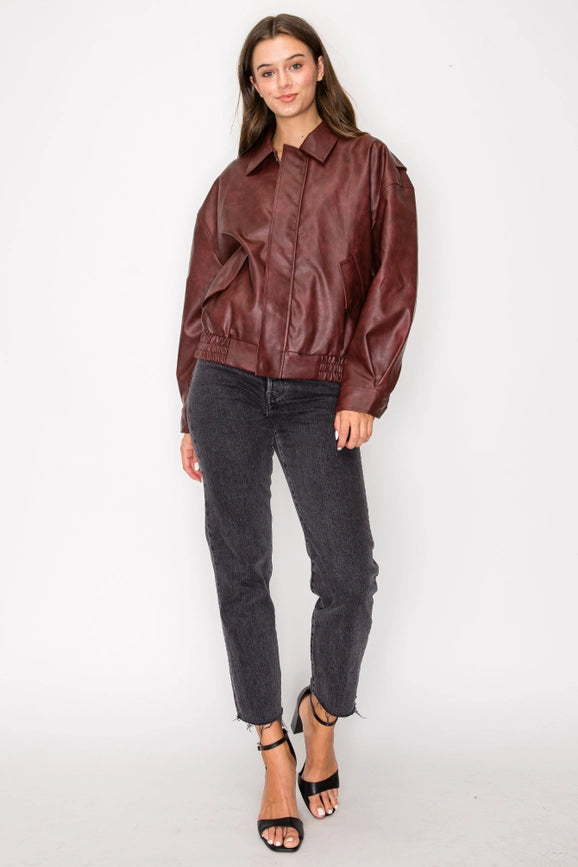 Washed Effect Faux Leather Oversized Bomber Jacket Burgundy-Jacket-Edit by Nine-S-Burgundy-Urbanheer