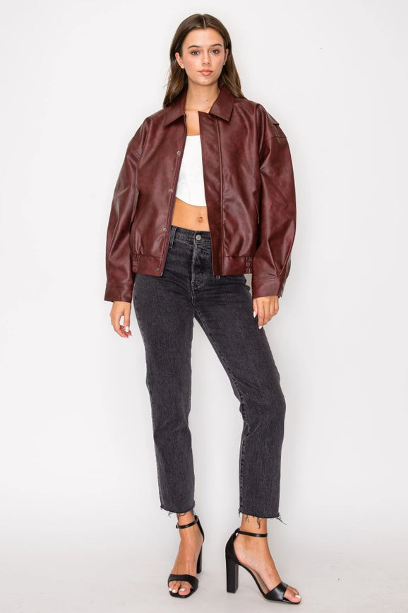 Washed Effect Faux Leather Oversized Bomber Jacket Burgundy-Jacket-Edit by Nine-S-Burgundy-Urbanheer