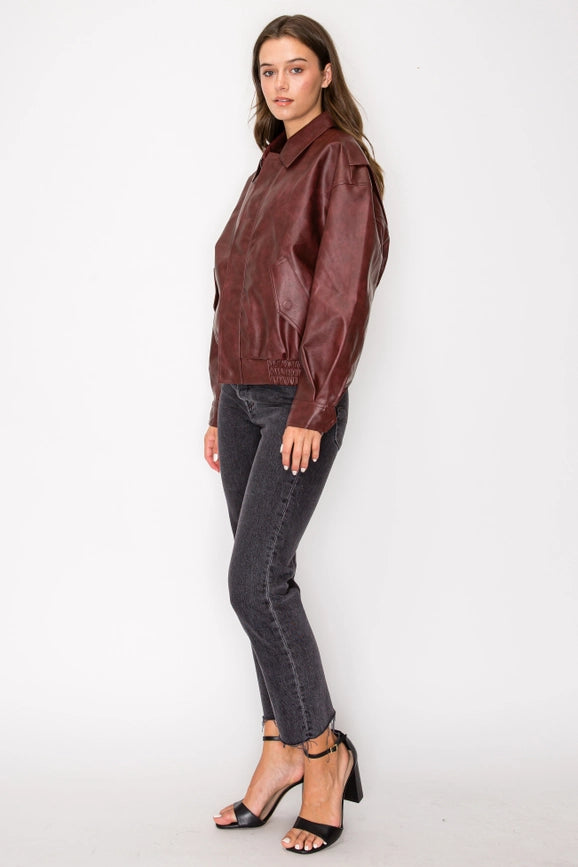Washed Effect Faux Leather Oversized Bomber Jacket Burgundy-Jacket-Edit by Nine-S-Burgundy-Urbanheer