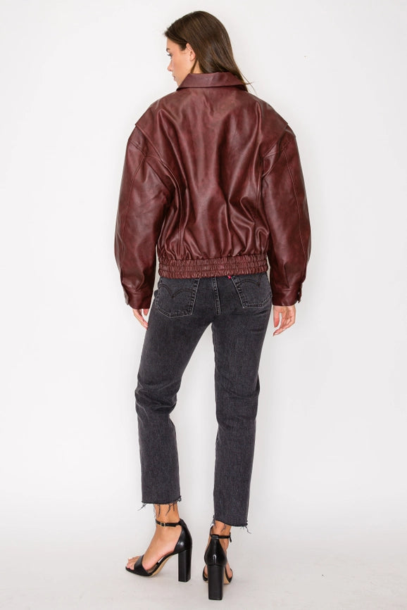 Washed Effect Faux Leather Oversized Bomber Jacket Burgundy-Jacket-Edit by Nine-S-Burgundy-Urbanheer