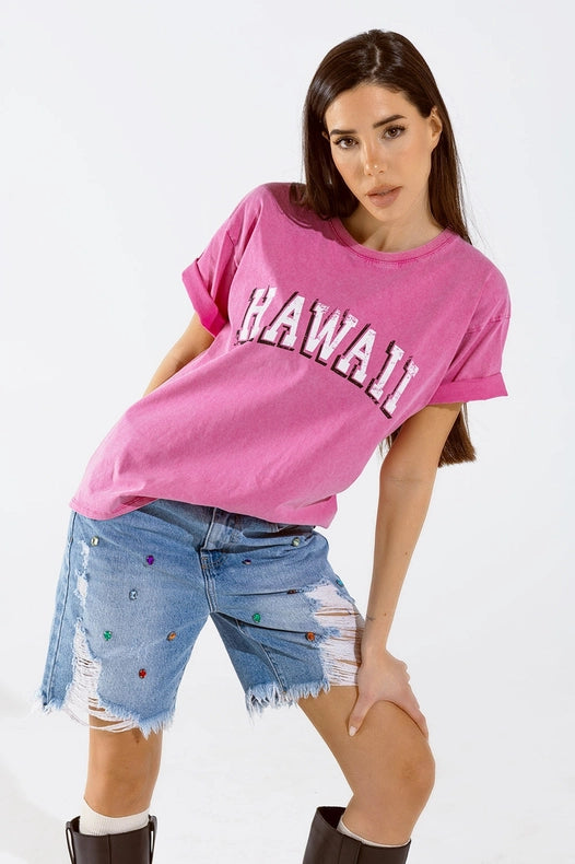 Washed Effect Hawaii T-Shirt in Fuchsia-T-Shirt-Q2-One Size-Fuchsia-Urbanheer