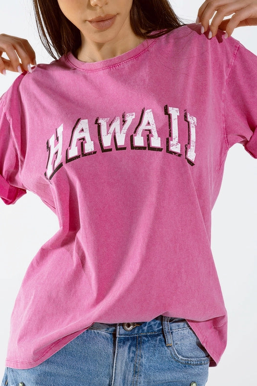 Washed Effect Hawaii T-Shirt in Fuchsia-T-Shirt-Q2-One Size-Fuchsia-Urbanheer
