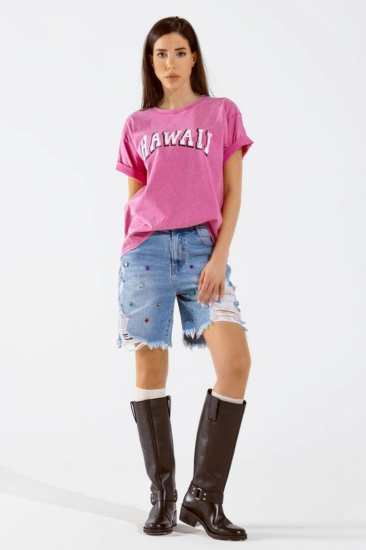 Washed Effect Hawaii T-Shirt in Fuchsia-T-Shirt-Q2-One Size-Fuchsia-Urbanheer