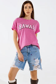 Washed Effect Hawaii T-Shirt in Fuchsia-T-Shirt-Q2-One Size-Fuchsia-Urbanheer