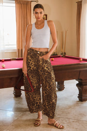 Washed Leopard Printed Barrel Jean