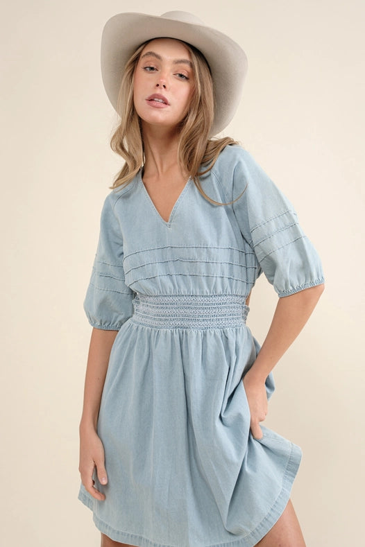 Washed Pintuck Smocked Waist Open Back Denim Dress-Dress-Blue B-S-Urbanheer