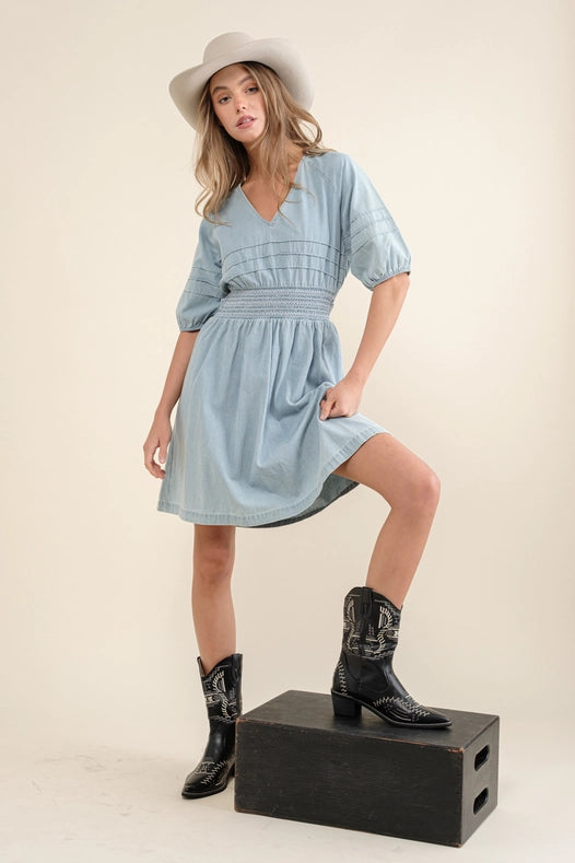 Washed Pintuck Smocked Waist Open Back Denim Dress from Blue B Urbanheer Washed Pintuck Smocked Waist Open Back Denim Dress from Blue B Urbanheer
