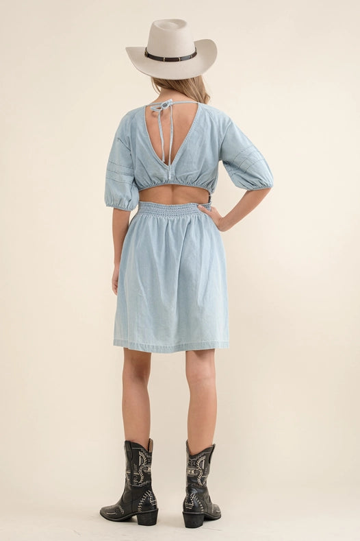 Washed Pintuck Smocked Waist Open Back Denim Dress from Blue B Urbanheer Washed Pintuck Smocked Waist Open Back Denim Dress from Blue B Urbanheer