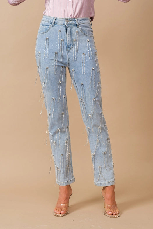 Washed Rhinestone Studded Dangle Fringe Mid Jeans