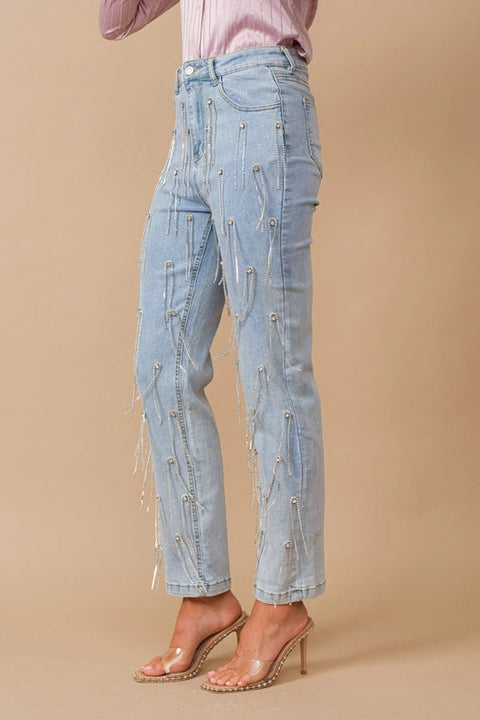 Washed Rhinestone Studded Dangle Fringe Mid Jeans-Jeans-Blue B-S-LIGHT WASH-Urbanheer