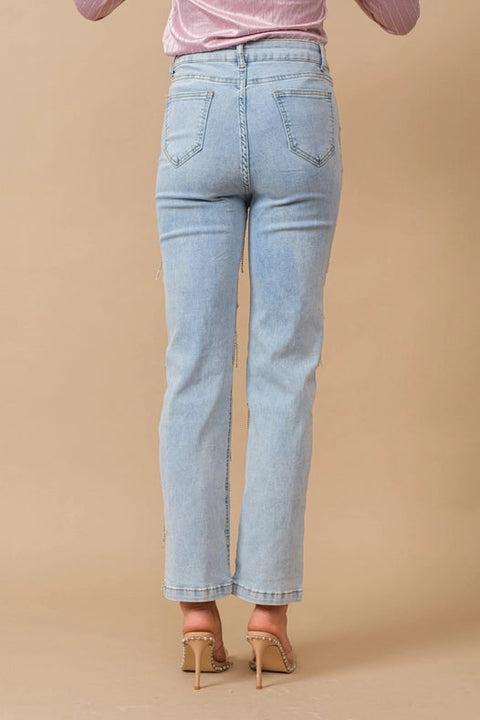 Washed Rhinestone Studded Dangle Fringe Mid Jeans-Jeans-Blue B-S-LIGHT WASH-Urbanheer