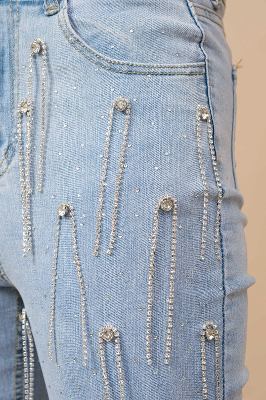 Washed Rhinestone Studded Dangle Fringe Mid Jeans-Jeans-Blue B-S-LIGHT WASH-Urbanheer