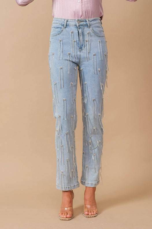 Washed Rhinestone Studded Dangle Fringe Mid Jeans