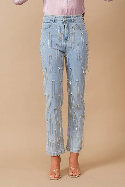 Washed Rhinestone Studded Dangle Fringe Mid Jeans-Jeans-Blue B-S-LIGHT WASH-Urbanheer