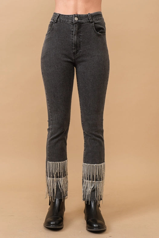 Washed Stretch Fitted Rhinestone Fringe Crop Jeans  Charcoal
