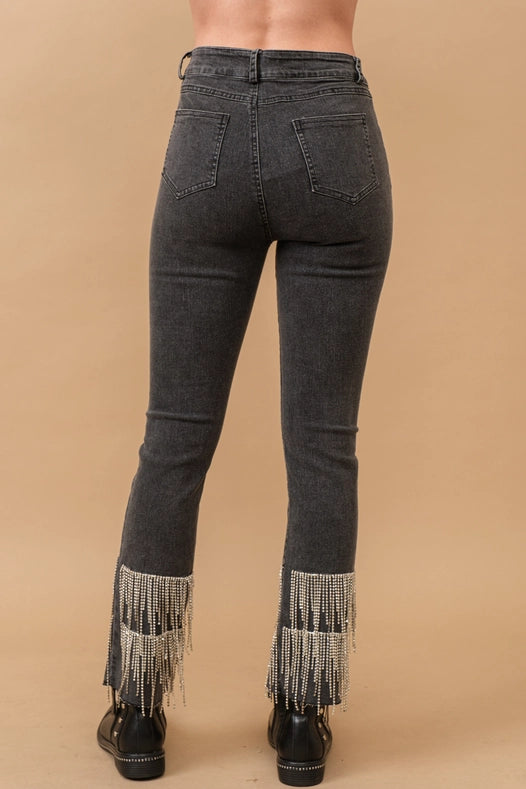Washed Stretch Fitted Rhinestone Fringe Crop Jeans  CHARCOAL