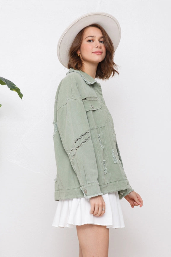 Washed Trim Detail Snap Up Twill Distressed Jacket Light Olive-Jacket-Blue B-S-Light Olive-Urbanheer