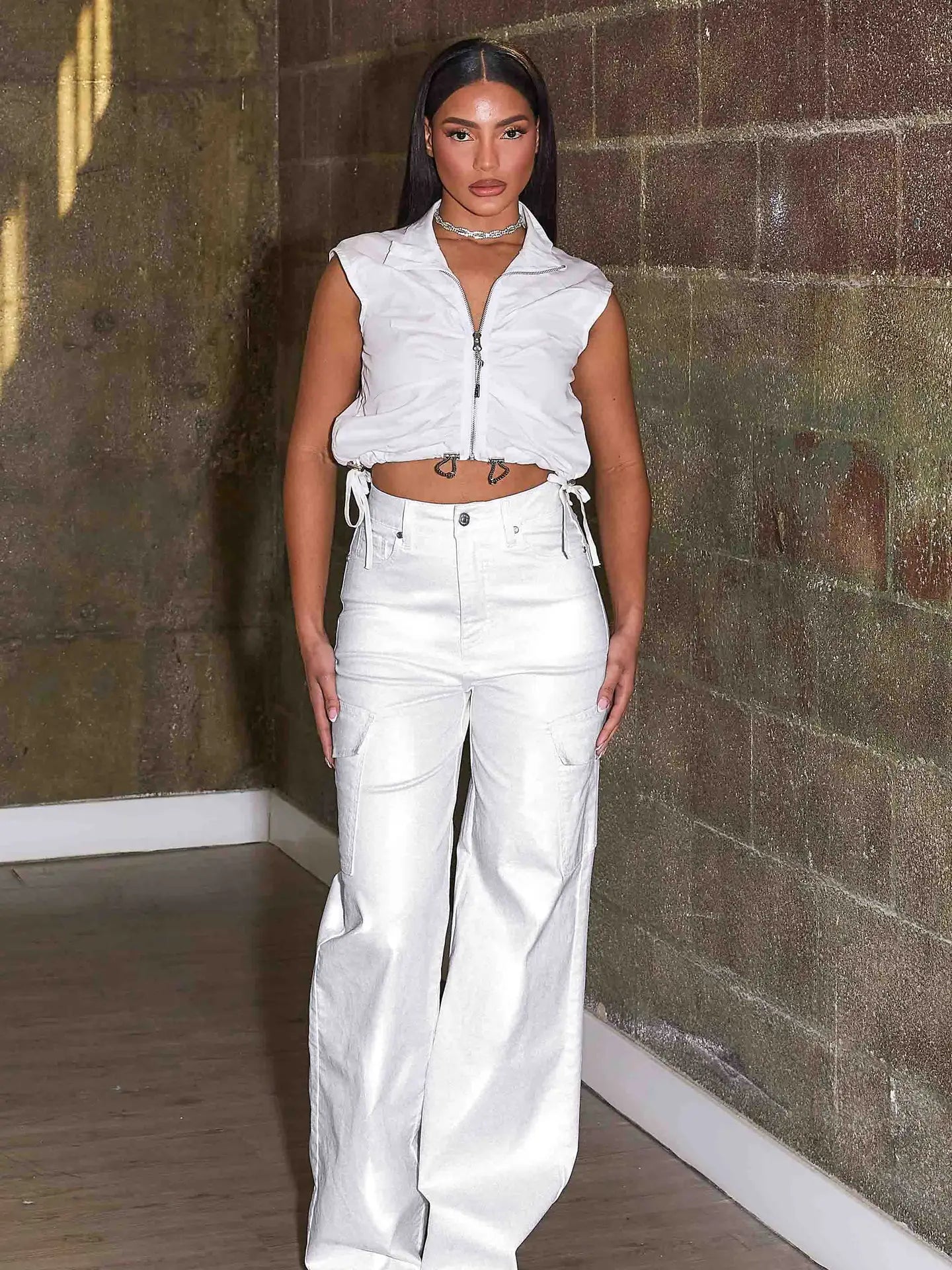 Water Repellent Coated Cargo Wide Leg Pants