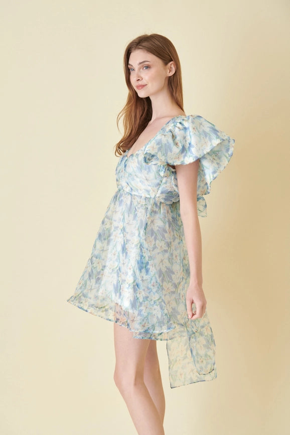 Watercolor Floral Organza Bow Tie Mini DRESS-Dress-Fore Collection-S-BLUE MULTI-Urbanheer