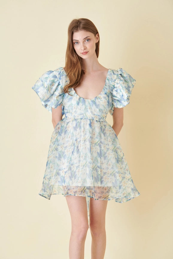Watercolor Floral Organza Bow Tie Mini DRESS-Dress-Fore Collection-S-BLUE MULTI-Urbanheer