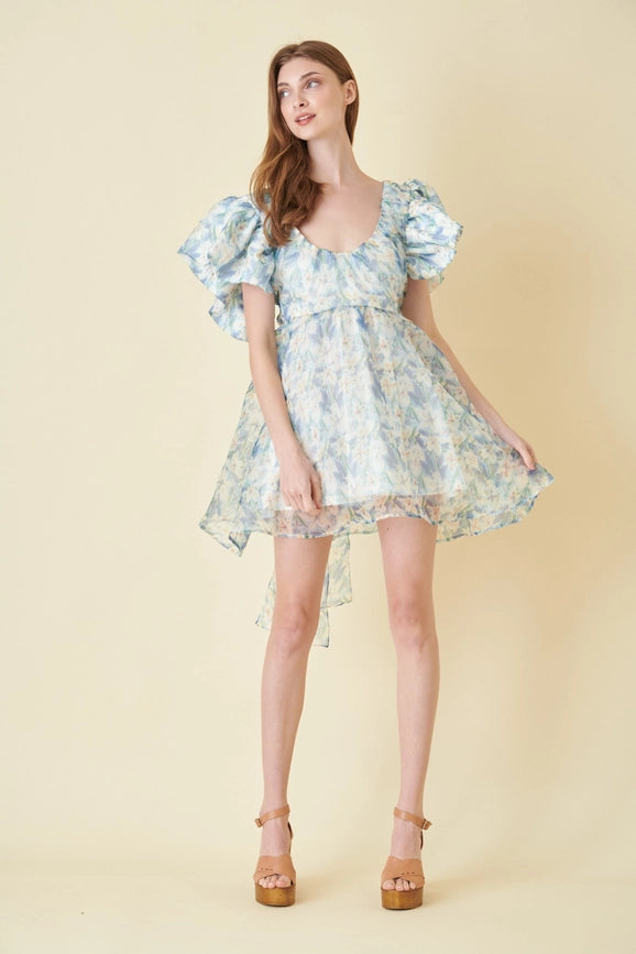 Watercolor Floral Organza Bow Tie Mini DRESS-Dress-Fore Collection-S-BLUE MULTI-Urbanheer
