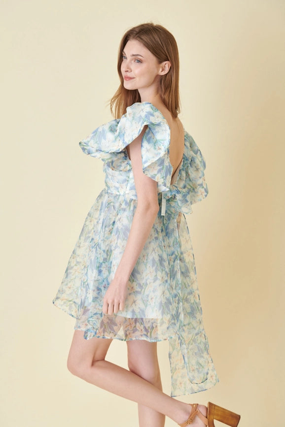 Watercolor Floral Organza Bow Tie Mini DRESS-Dress-Fore Collection-S-BLUE MULTI-Urbanheer