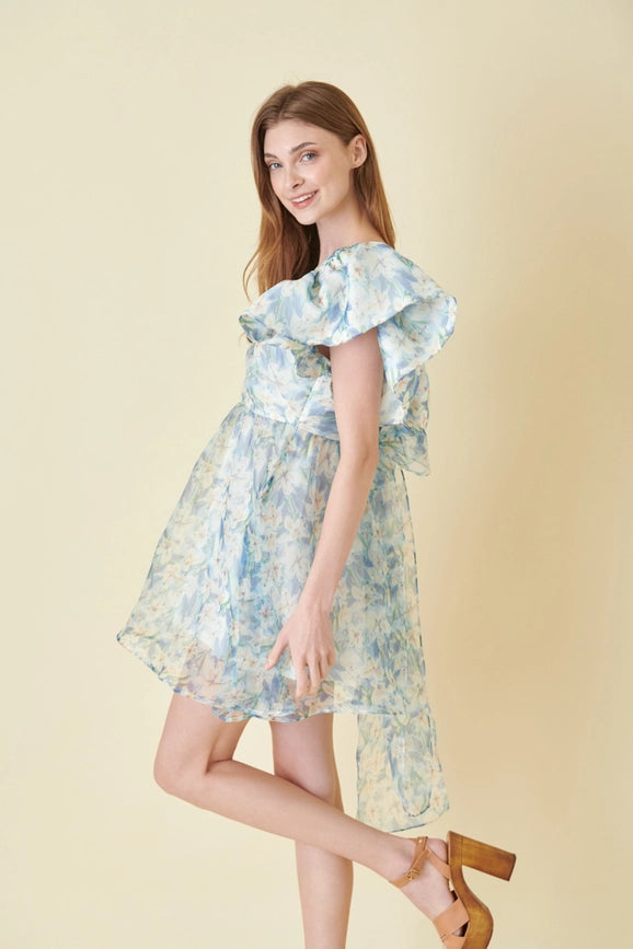 Watercolor Floral Organza Bow Tie Mini DRESS-Dress-Fore Collection-S-BLUE MULTI-Urbanheer