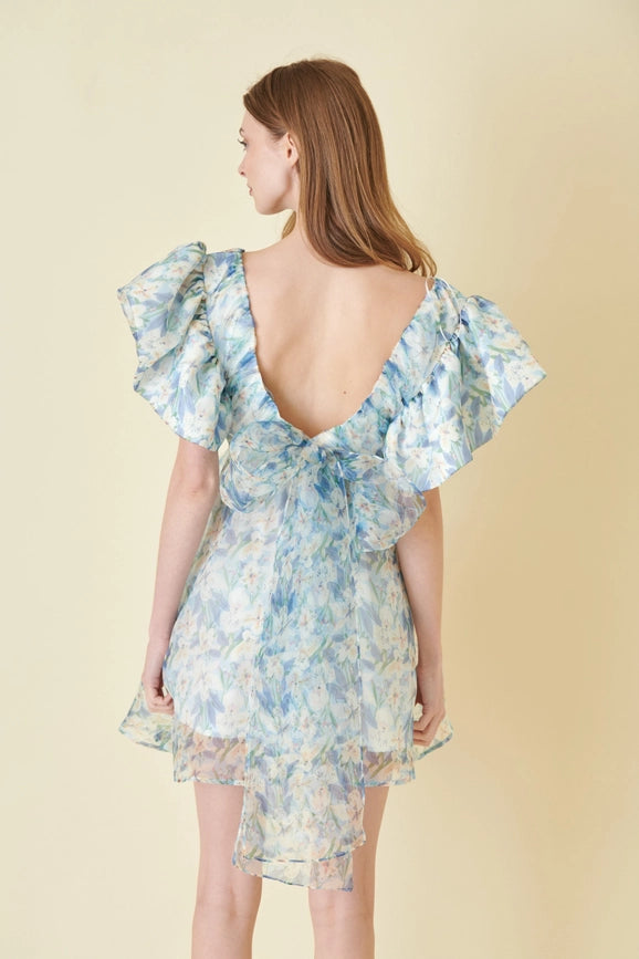 Watercolor Floral Organza Bow Tie Mini DRESS-Dress-Fore Collection-S-BLUE MULTI-Urbanheer