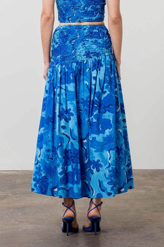 Watercolor Floral Print Shirred Midi Skirt-Skirts-Moon River-XS-BLUE MULTI-Urbanheer