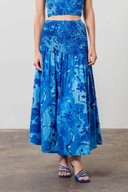 Watercolor Floral Print Shirred Midi Skirt-Skirts-Moon River-XS-BLUE MULTI-Urbanheer