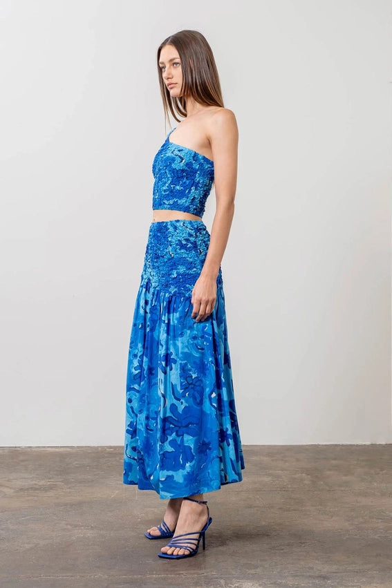 Watercolor Print Shirred One Shoulder Crop Top-Top-Moon River-XS-BLUE MULTI-Urbanheer