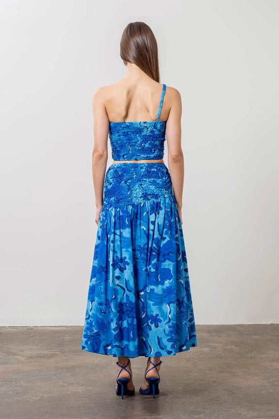 Watercolor Print Shirred One Shoulder Crop Top-Top-Moon River-XS-BLUE MULTI-Urbanheer