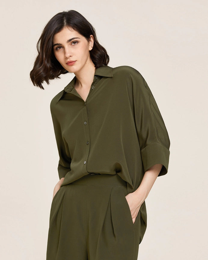 Weekend Oversize Silk Shorts Olive Green-Shorts-MommeSilk-XS-Olive Green-Urbanheer