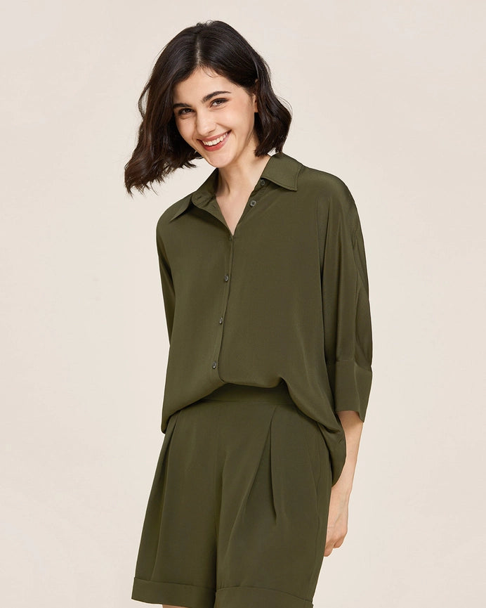 Weekend Oversize Silk Shorts Olive Green-Shorts-MommeSilk-XS-Olive Green-Urbanheer