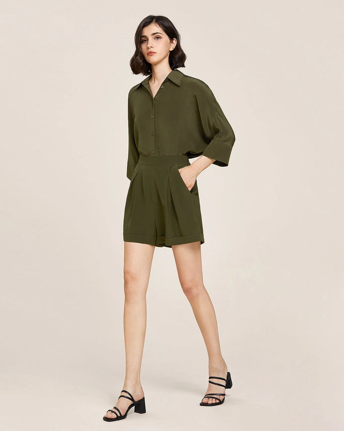 Weekend Oversize Silk Shorts Olive Green-Shorts-MommeSilk-XS-Olive Green-Urbanheer