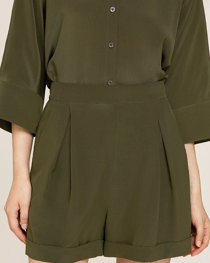Weekend Oversize Silk Shorts Olive Green-Shorts-MommeSilk-XS-Olive Green-Urbanheer