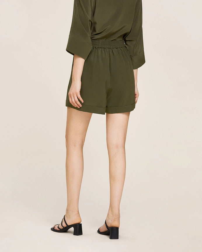 Weekend Oversize Silk Shorts Olive Green-Shorts-MommeSilk-XS-Olive Green-Urbanheer